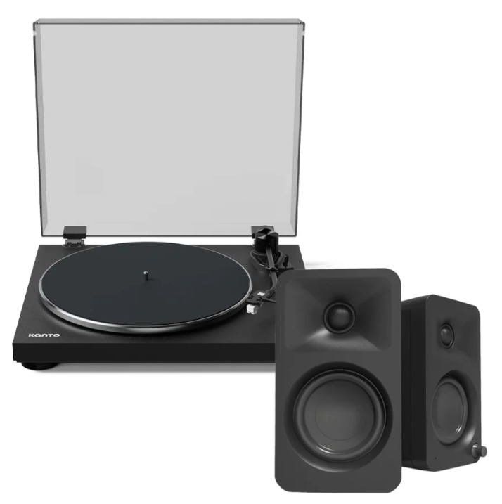 Kanto OBI3 Turntable - Matte Black with Kanto ORA 100W Powered Speakers