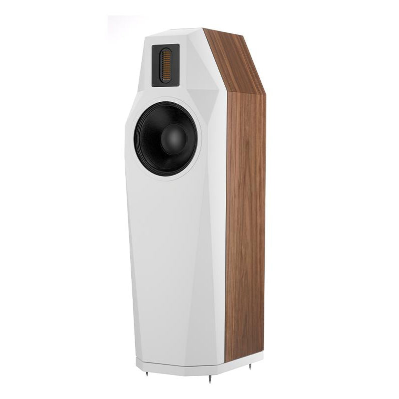 FinkTeam Borg Floorstanding Speakers - Standard Finish American Walnut with White front at Audio Influence