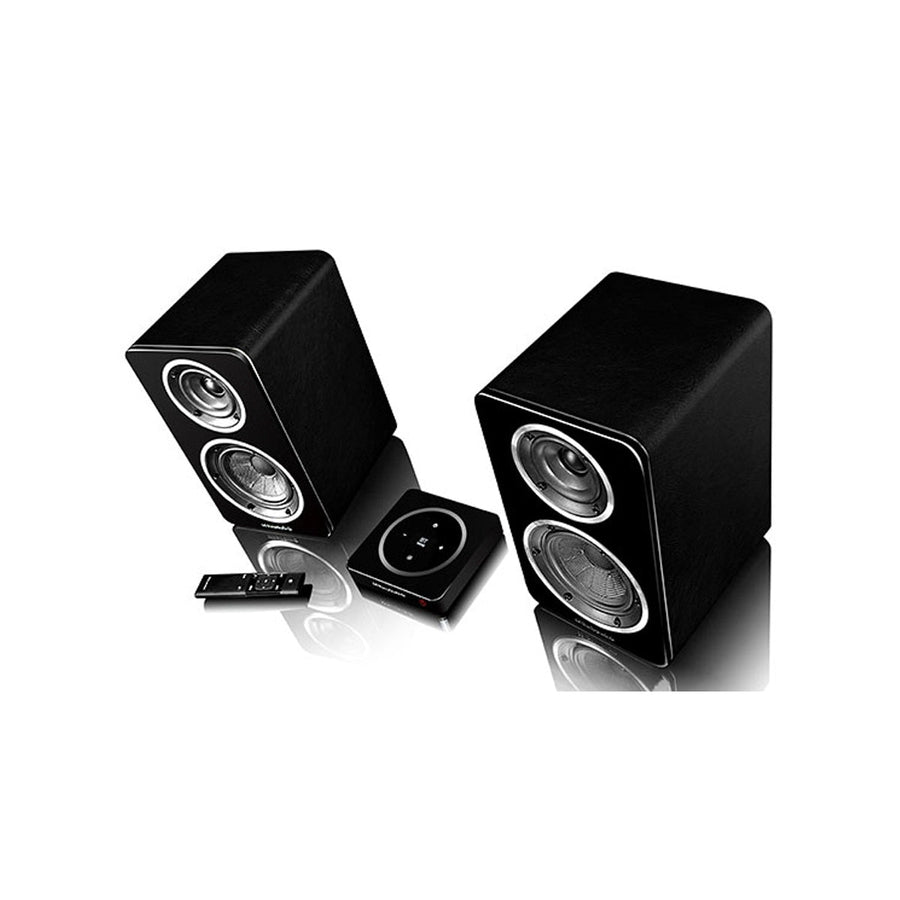 Wharfedale Diamond A1 Wireless Active Bookshelf Speakers Black Leatherette with Gloss Black Baffle at Audio Influence