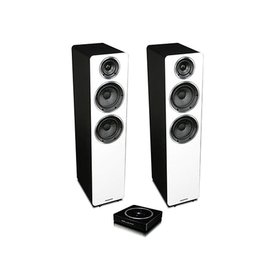 Wharfedale Diamond A2 Wireless Active Floorstanding Speakers Black Leatherette with Gloss White Baffle at Audio Influence