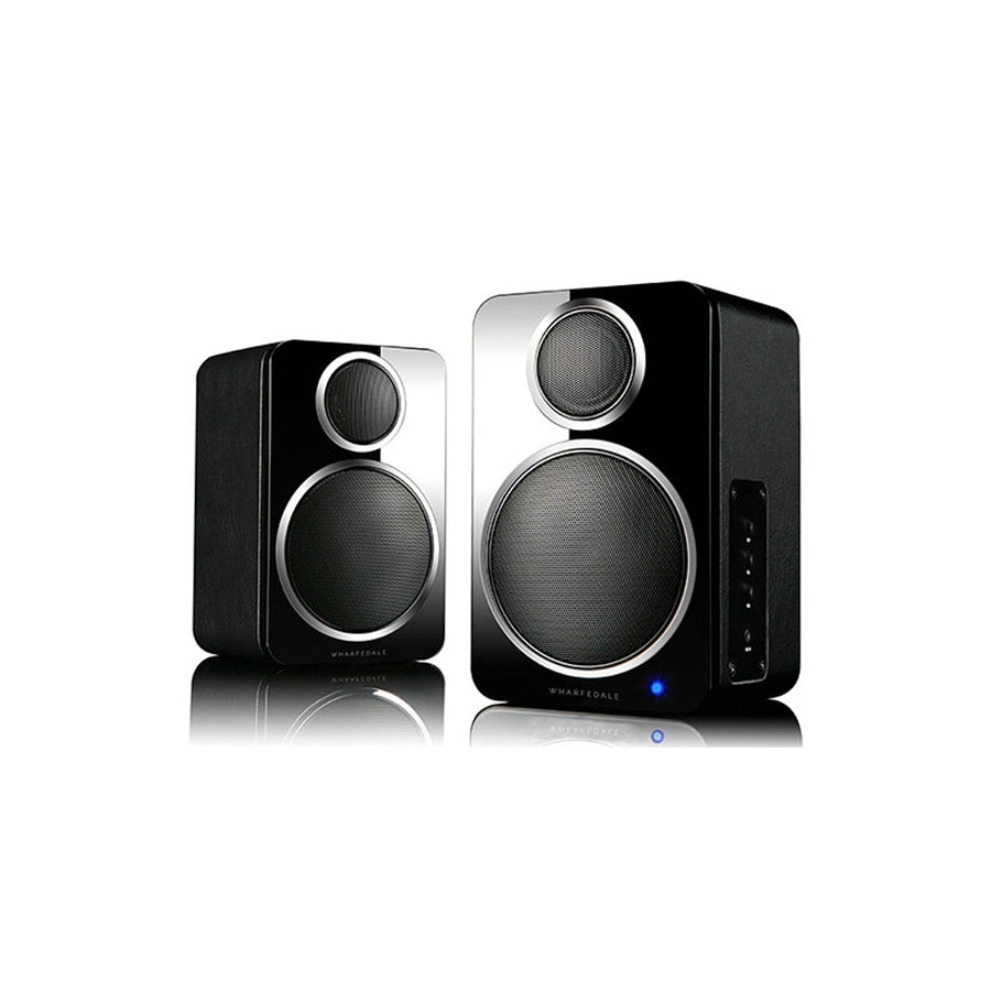 Wharfedale DS-2 Bluetooth Active Bookshelf Speakers Black Leatherette with Gloss Black Baffle at Audio Influence
